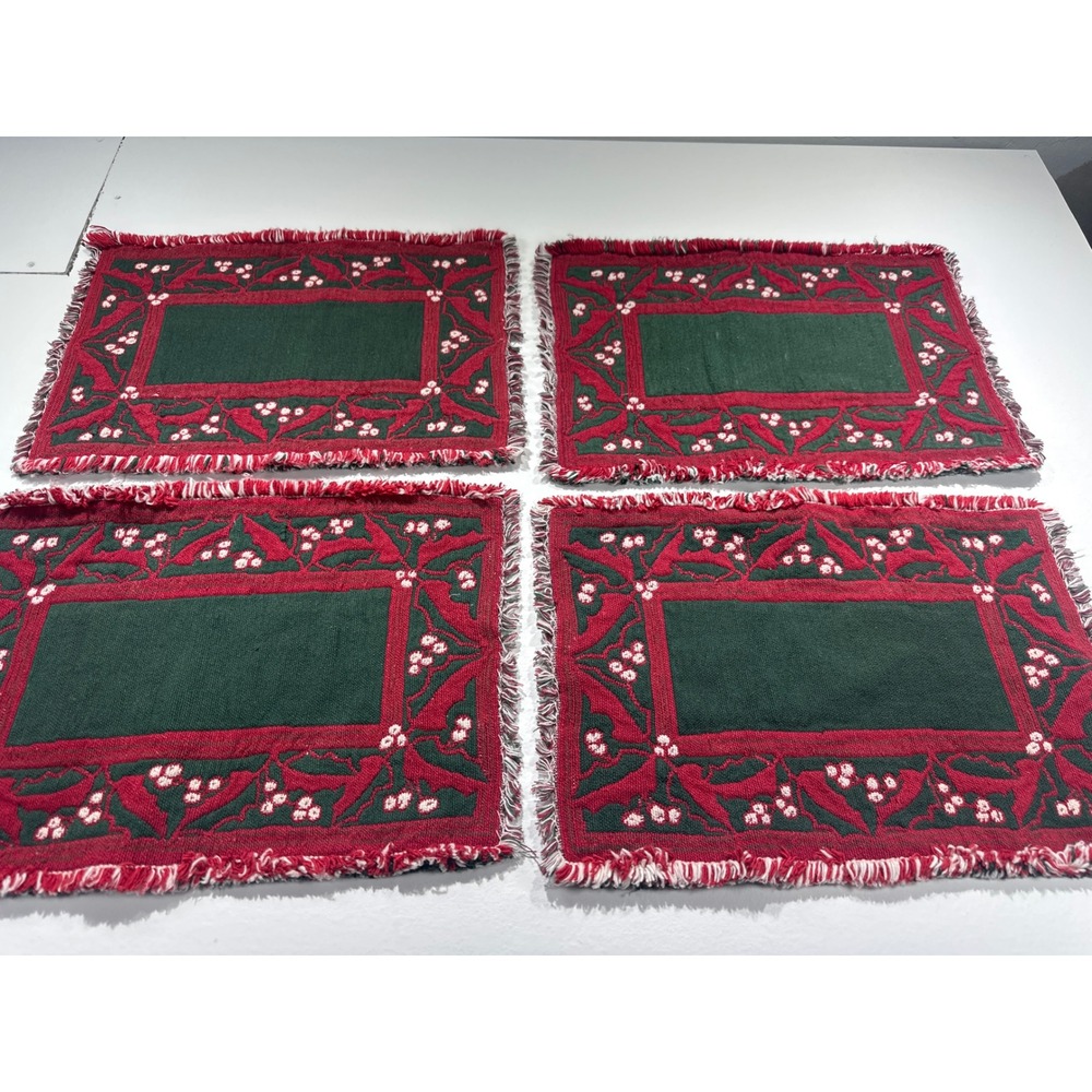 Vintage Christmas Woven Placemats Set ,4 Reversible Holly Berry Red Green 17x12